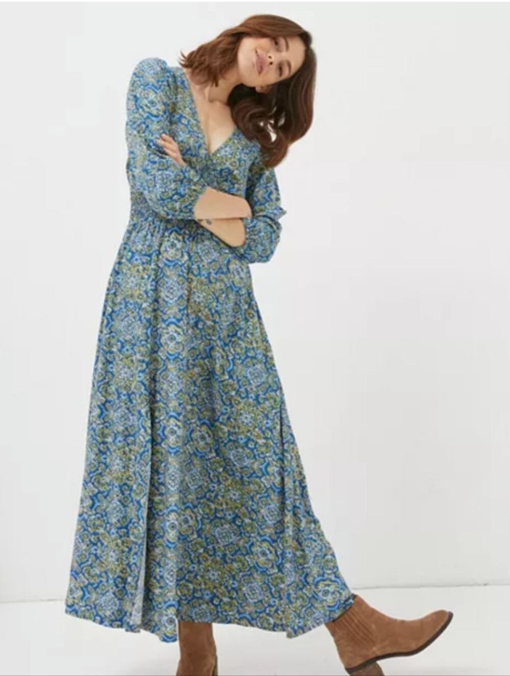FatFace Blue Batik-Style Print Boho Midi Dress 3/4 Sleeve V-Neck A-Line, Size 12
